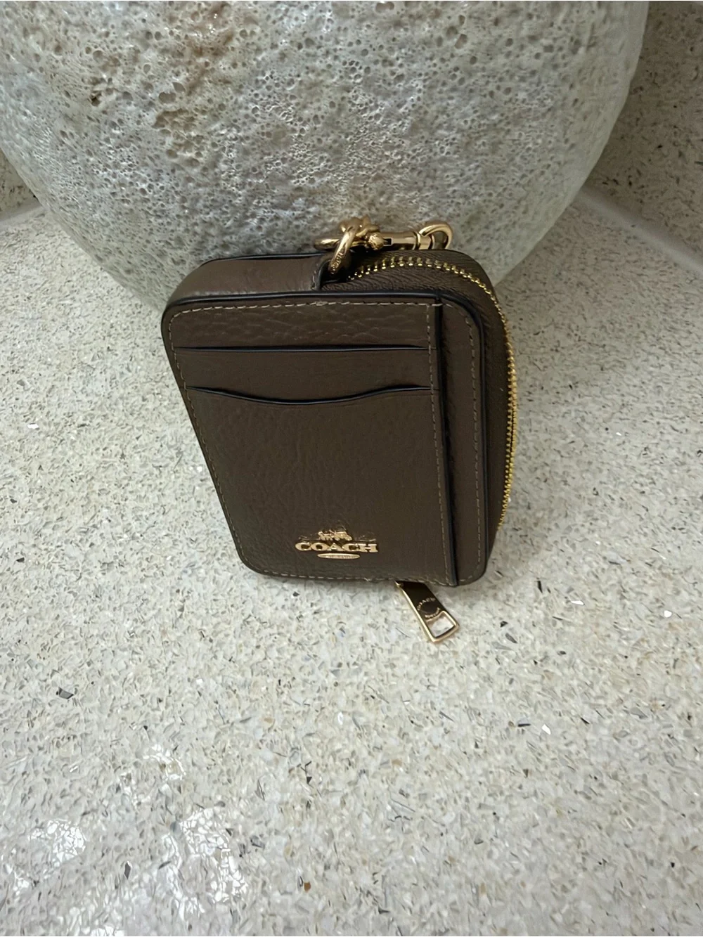 Coach Brown Pebbled Leather Card Holder with Gold Chain